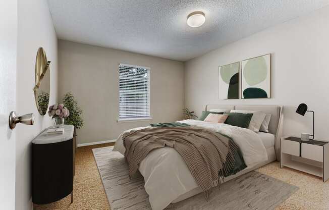 a bedroom with a bed and two paintings on the wall