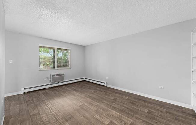 A room with a window and a radiator on the wall.