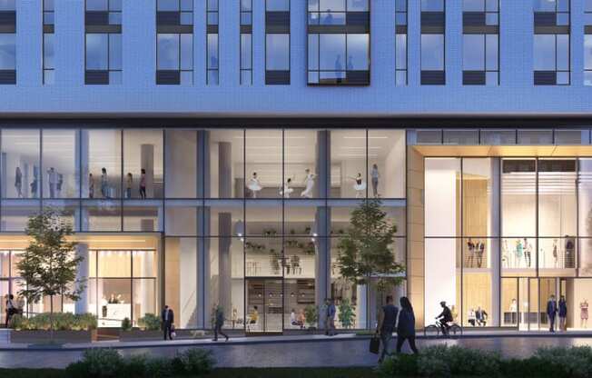 a rendering of the lobby of a building with glass walls at The Lively, Jersey City, 07302