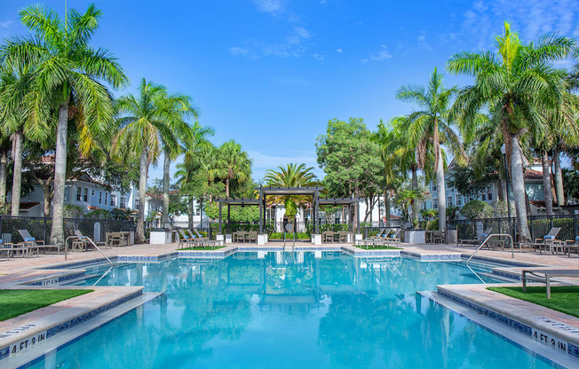 A large swimming pool surrounded by palm trees.