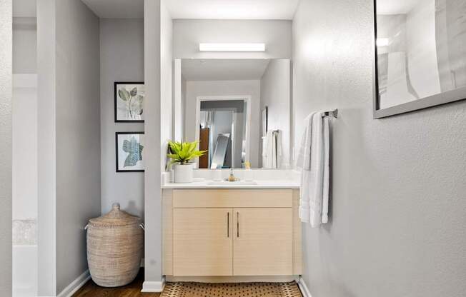 A bathroom with a sink, mirror, and cabinet.