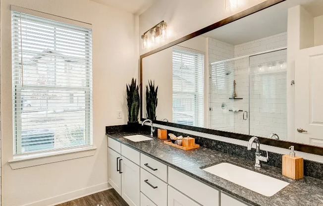 Luxury Grapevine apartment bathroom with two sinks and granite countertops.