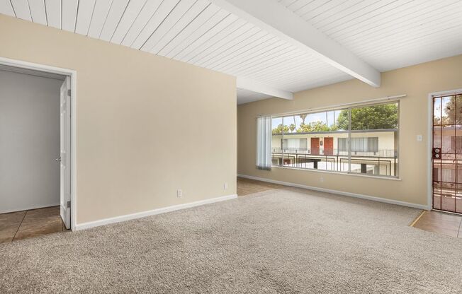 a bedroom with a large window and beige carpet