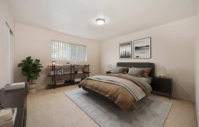 A bedroom with a bed, nightstand, and a plant.