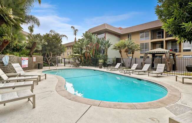 A swimming pool surrounded by lounge chairs and palm trees.