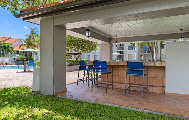 A patio with a bar and chairs under a roof.