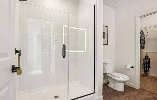 A white bathroom with a toilet and a walk in shower.
