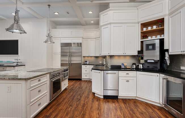 Clubhouse kitchen with coffee bar at The Reserve at Mayfaire Apartments, Wilmington NC