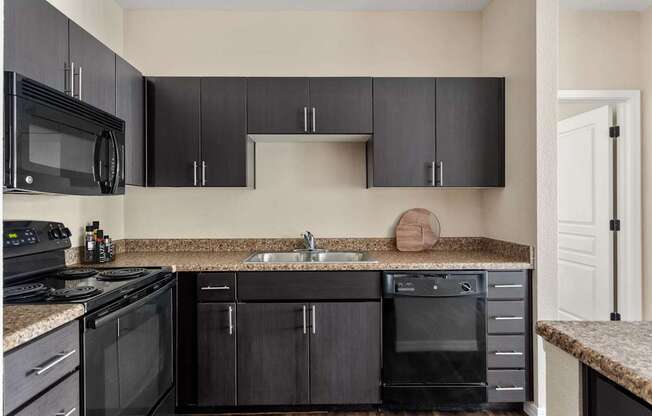 A kitchen with black cabinets and appliances.