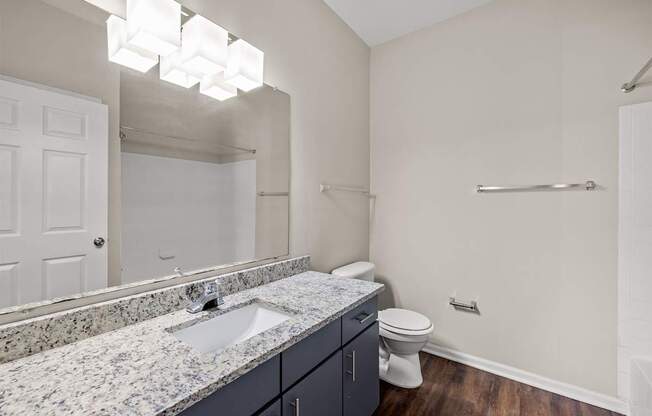 A bathroom with a marble countertop and a white toilet.