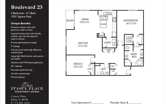 2 beds, 2 baths, 1,931 sqft, $2,900, Unit 123