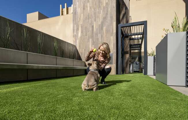 a woman is playing with her dog on the grass