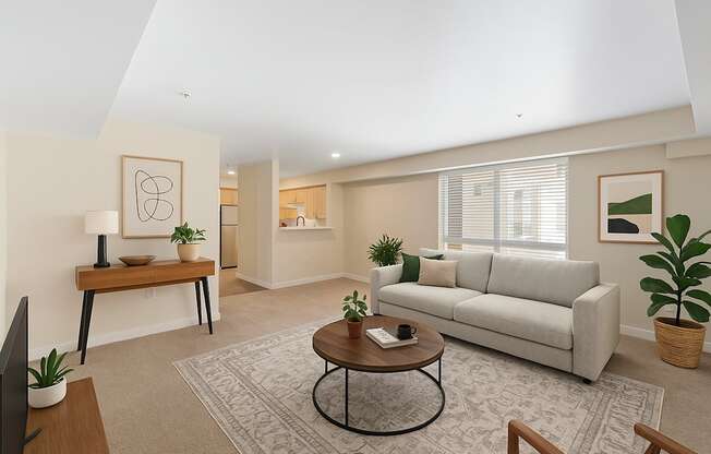 A living room with a white couch, a coffee table, and a TV.