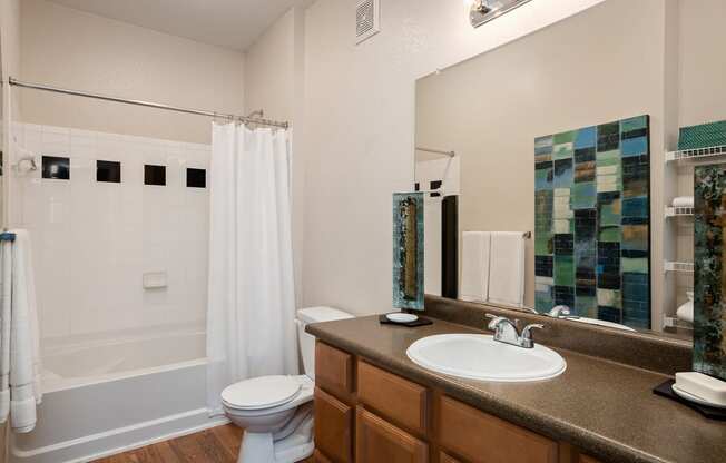 Carrington Place at Shoal Creek - Sleek bathrooms with wood-style flooring