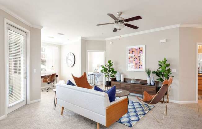 One Bedroom Apartments in Madison AL - Arch Street - Spacious Living Room with Plush Carpeting & Ceiling Fan