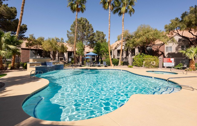 a large swimming pool with palm trees and houses in the background