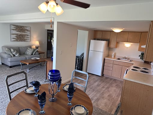 a living room with a dining room table and a kitchen