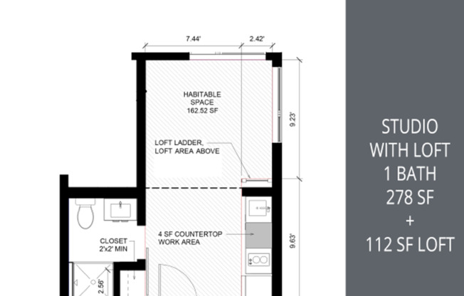Studio, 1 bath, 278 sqft, $1,350, Unit 408