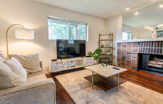 a living room with a couch and a coffee table and a fireplace