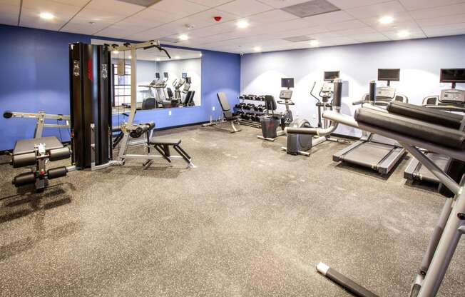 a gym with cardio equipment and weights in a building with blue walls