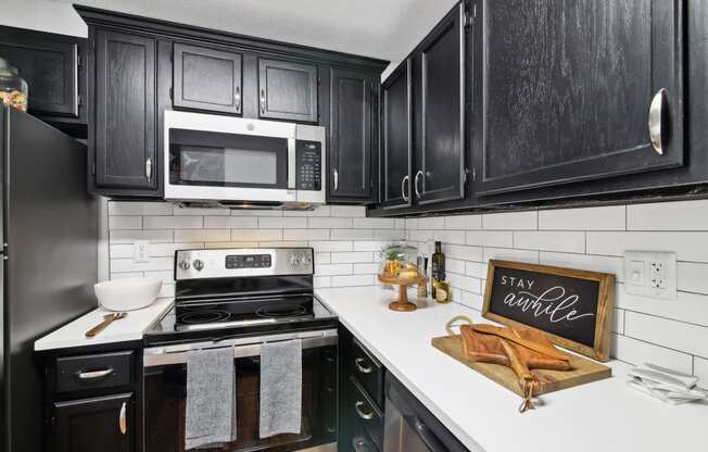 Renovated Kitchen with stainless steel appliances and quartz countertops at Elme Druid Hills, Atlanta, Georgia