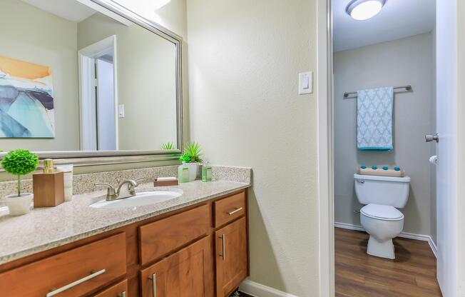 a kitchen with a sink and a mirror