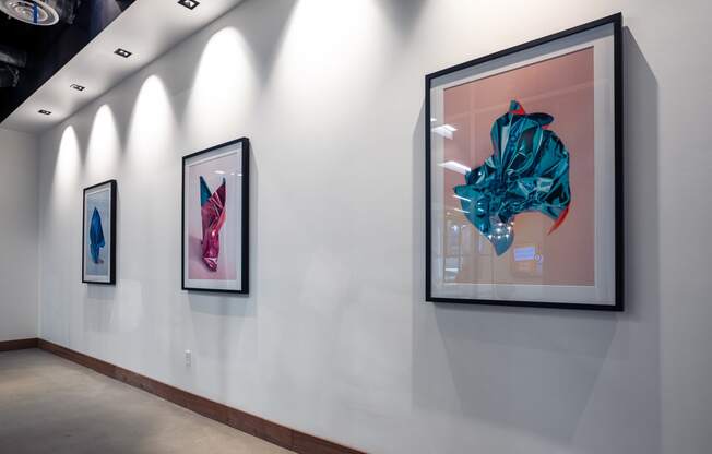 a row of framed artwork on a white wall
