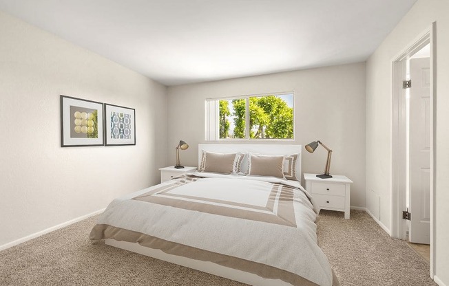 Apartments in West Hills, CA for Rent - Topanga - Bedroom with Carpeting, Full-Size Bed, and Night Stands.