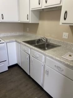 a kitchen with a sink and white cabinets