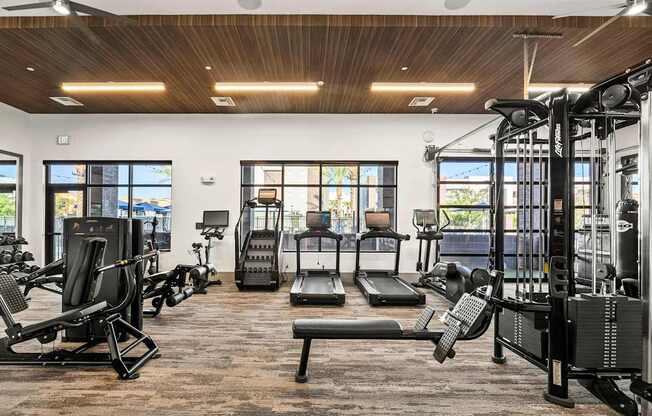 A gym with a variety of equipment including treadmills, weights, and a bench press.