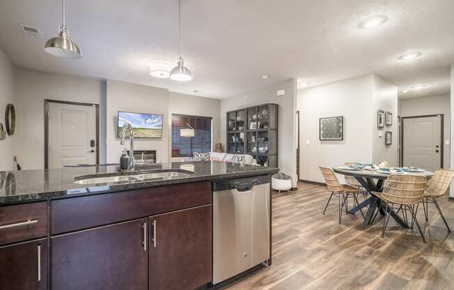 Interiors-1 bedroom apartment kitchen in traditional design scheme with dark cabinetry and stainless steel appliances