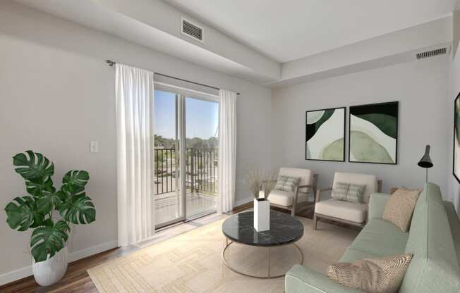 a living room with a couch and a coffee table and a balcony