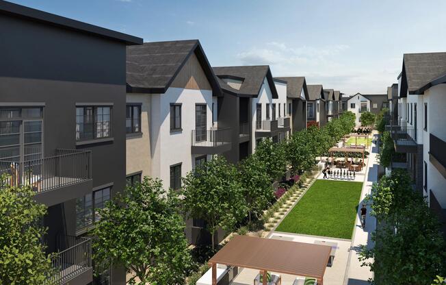 Relax in the serene courtyard with community gaming spaces, cozy fire pits, and comfortable seating among lush greenery—ideal for quiet evenings or casual conversations.