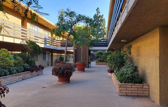 a hallway with potted plants and flowers outside of a building