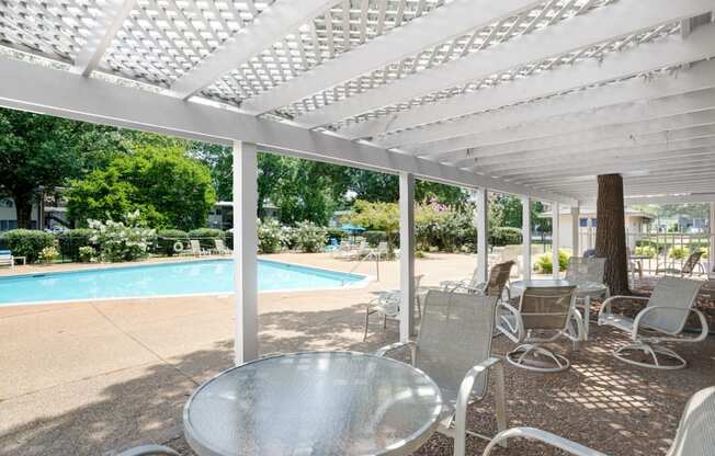 Covered Patio with tables and chairs at Malibu at Martin Apartments in Huntsville, Alabama
