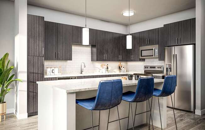 Quartz countertops and islands with overhead lighting