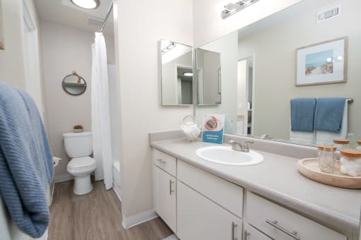 model apartment bathroom with a sink and a mirror and a toilet