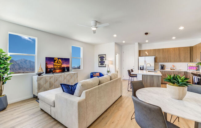 a living room with a couch and a table