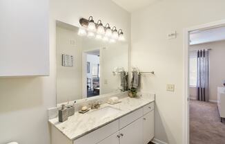 a bathroom with a large mirror and a sink