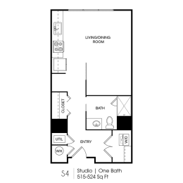 Studio, 1 bath, 524 sqft, $1,178