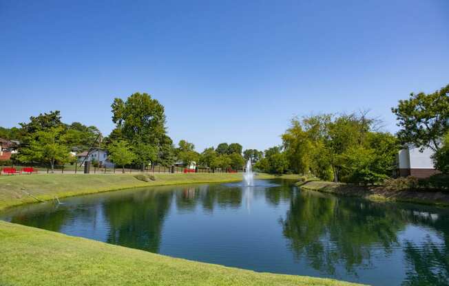 a pond with a fountain in the middle of a park