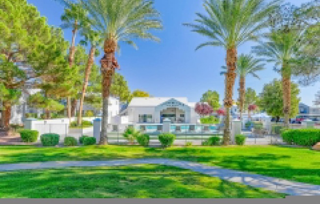 Lush landscaping and greenery at Country Club at The Meadows Senior Apartments in Las Vegas, NV, For Rent. Now leasing 1 and 2 bedroom apartments.