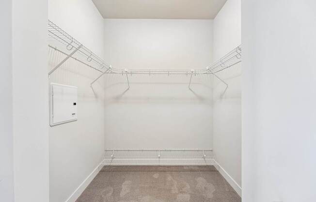 A white closet with a carpeted floor and a metal rack.