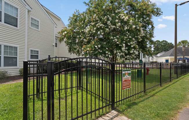 A black metal fence surrounds a green lawn.