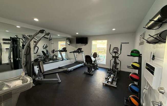 A well-equipped gym with a variety of exercise machines.