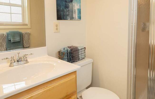 A bathroom with a toilet, sink, and shower.
