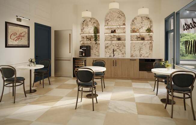 A cafe with a checkered floor and a coffee sign on the wall.