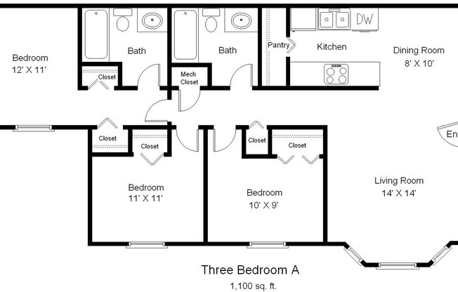 3 beds, 2 baths, 1,100 sqft, $1,199, Unit 9F