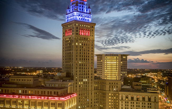 Lights at Night at The Terminal Tower Residences Apartments, Cleveland, 44113