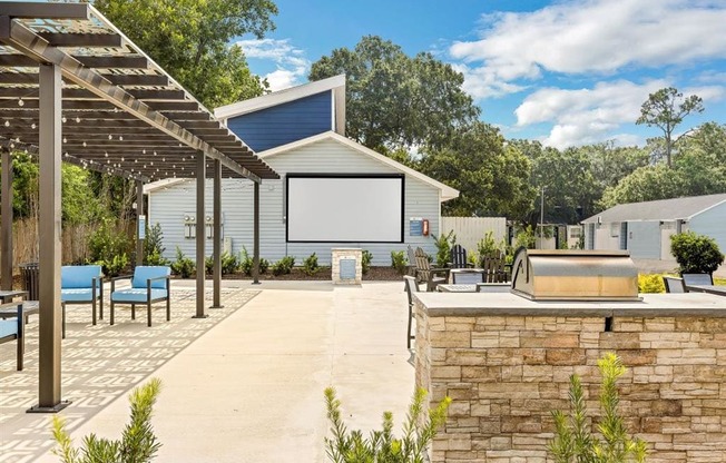 the outdoor entertaining area of a home with a pool and a movie screen